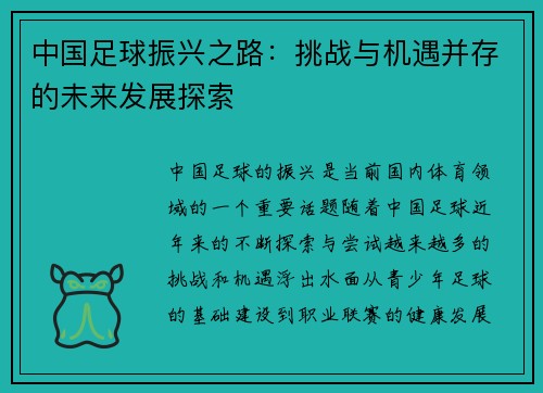 中国足球振兴之路：挑战与机遇并存的未来发展探索