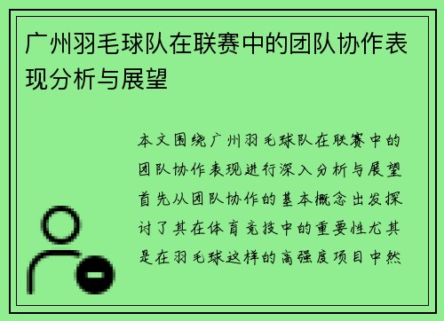 广州羽毛球队在联赛中的团队协作表现分析与展望