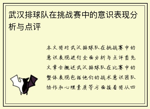 武汉排球队在挑战赛中的意识表现分析与点评